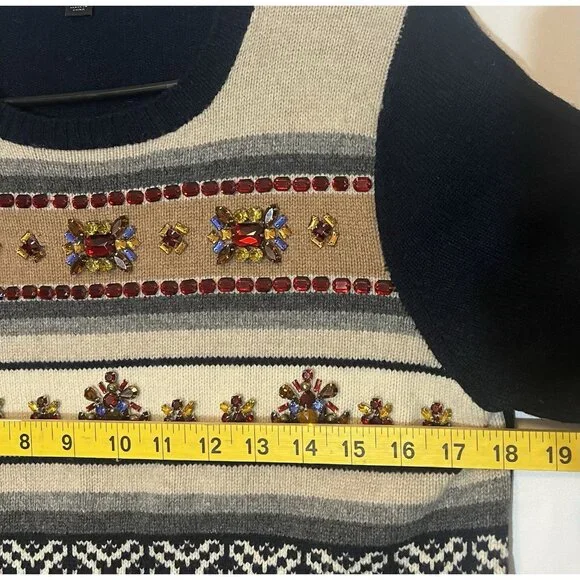 J CREW Women’s 100% Wool Fair Isle Stripe Sweater Medium Size Blue Rhinestone - Picture 5 of 9